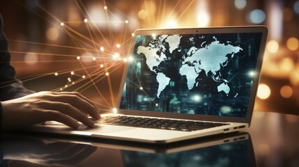 Marketing and promotion concept with world map laptop and social network icons in a double exposure composition. silhouette concept