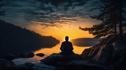 Young man sitting on rock seen in silhouette