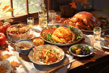 Thanksgiving dinner concept. Delicious turkey meal with pumpkin, mash potatoes with plates and cutlery on rustic wooden table. Festive holiday dinner. Happy Thanksgiving