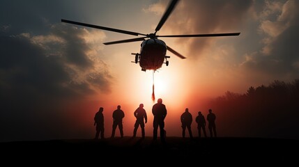 AirForce showcases rescue demonstrations during Bulgarian air show lifeguard on helicopter with stretcher ready to descend. silhouette concept - obrazy, fototapety, plakaty