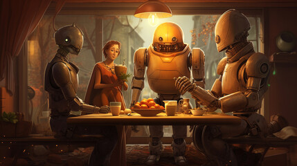 Robots, cyborgs and people having dinner together at cozy autumn kitchen. Futuristic image of people and driods spending domestic time together. Comics style illustration