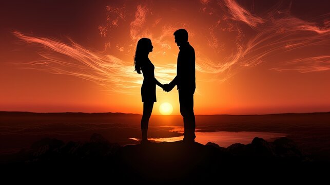 Couple holding hands facing each other at sunset. silhouette concept