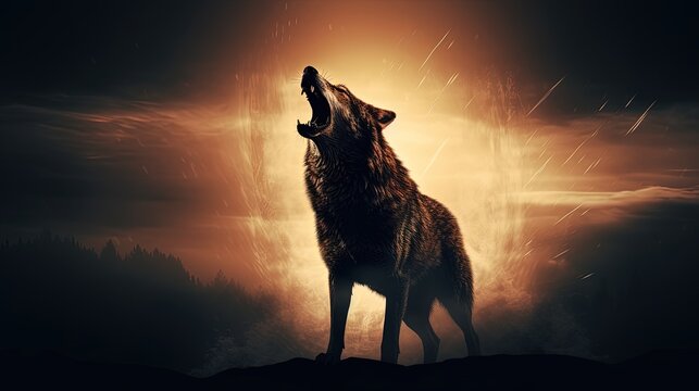 Silhouetted wolf howling at full moon in foggy background Halloween horror concept