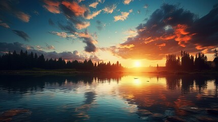 Vivid sunset picture Scenic river view. silhouette concept