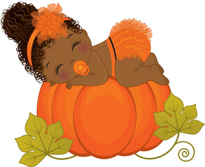 Vector Cute Little African American Baby Girl Wearing Orange Ruffled Diaper Sleeping on Pumpkin