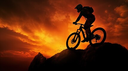 Sunset silhouette of a man cycling on a mountain bike