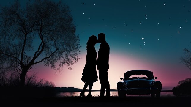 Romantic couple kissing under moonlight with a full moon silhouette in the background