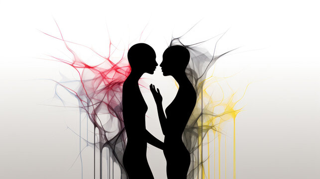 Silhouette of two sexy woman kissing holding in darkness through light and smoke, they have good feeling on first date flirt and want to love best friends forever, girls in long straight black hair
