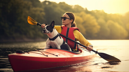 Woman in her 30s in a kayak with her dog
 - obrazy, fototapety, plakaty