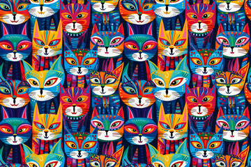 Fototapeta na wymiar Cats folk art stylized seamless texture, tiling pattern, wallpaper, background, texture