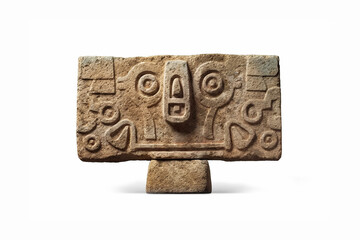 An ancient stone with a relief in the style of American Indians, isolated on a white background.