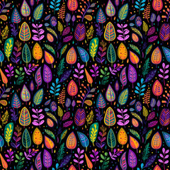 Folk art colorful leaves on black background seamless texture, tiling pattern, wallpaper, texture