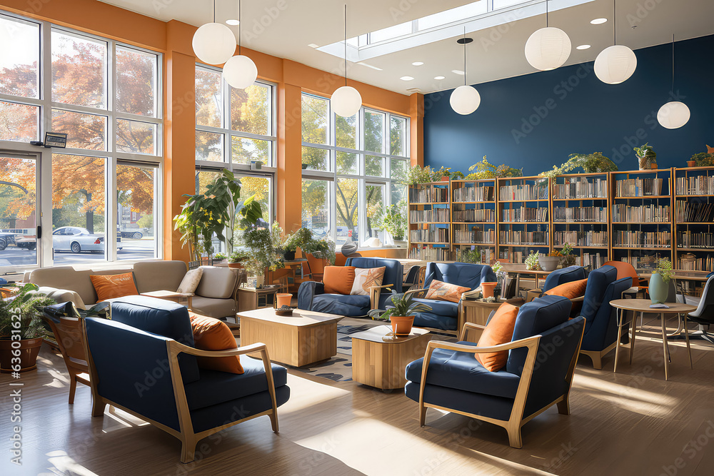 Poster inspiring architecture of modern libraries and learning centers, creating welcoming spaces for knowl