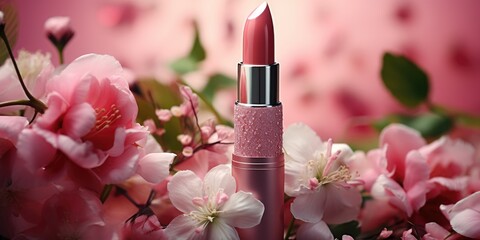 Obraz na płótnie Canvas delicate pink lipstick on floral background. Generative AI
