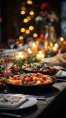 
Christmas dinner table full of dishes with food and snacks. New Year's decor in the background. The table is decorated with spruce branches, lights of garlands, French Provence style