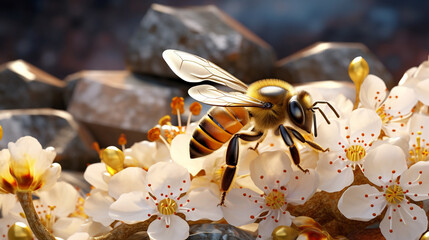 Generative AI, macro shot of a bee on honeycombs, apiary, insect, beehive, natural sweetness, swarm of bees, wings and antennae, yellow honeycombs, golden background
