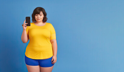 Full body young plus size big fat fit woman in blue made with Generative AI 