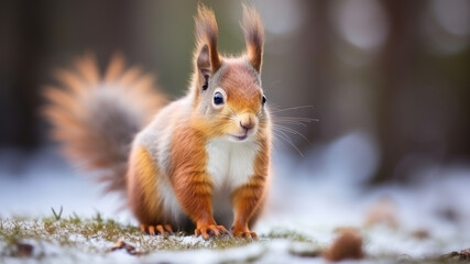 Naklejka na ściany i meble Curious red squirrel in winter forest. Defocused blurred trees in the background.