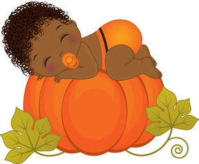 Vector Cute Little African American Baby boy Wearing Orange Diaper Sleeping on Pumpkin