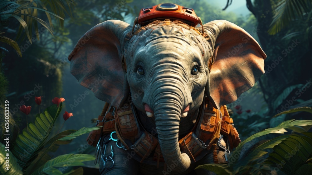 Poster an elephant with a hat on walking through the jungle. generative ai image.