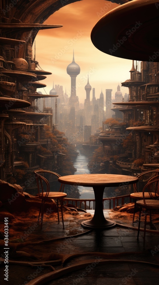 Poster a table and chairs in a room with a view of a city. generative ai image.