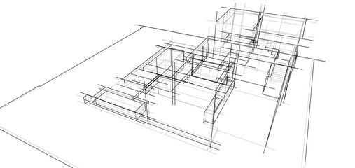 Architectural sketch of a building 3d illustration