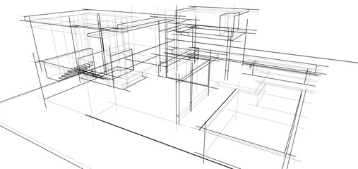 Architectural sketch of a building 3d illustration