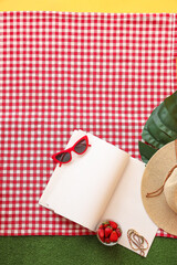 Fresh strawberry for picnic with empty notebook and beach accessories on red checkered plaid. Summer vacation concept