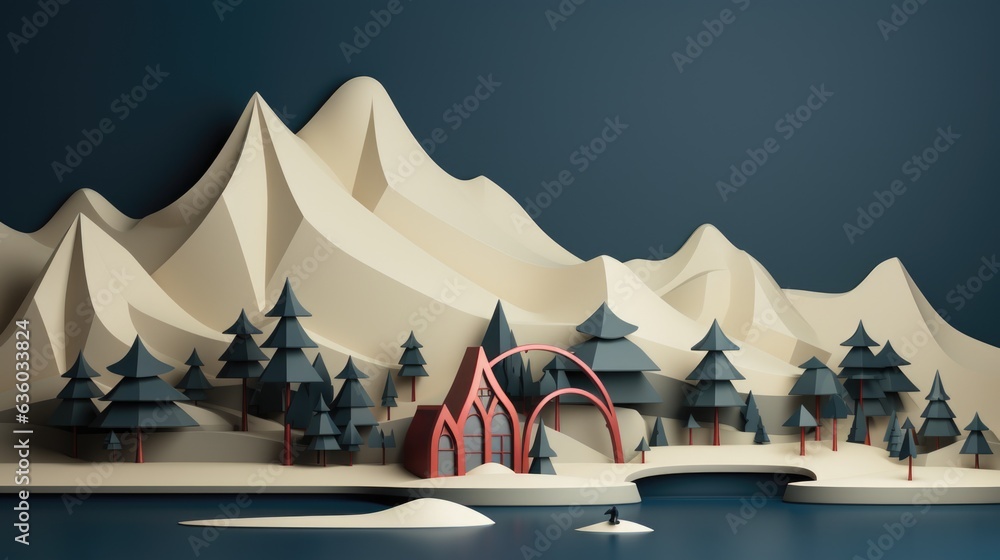 Poster a paper model of a mountain with trees and a bridge. generative ai image.