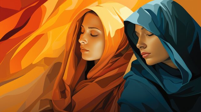 A couple of women in cloack standing next to each other. Generative AI image.