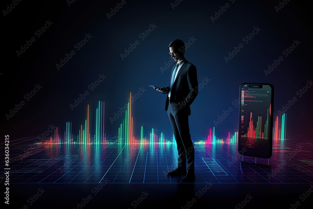 Poster businessman using smartphone against background of big smartphone screen app and graphs of data on t