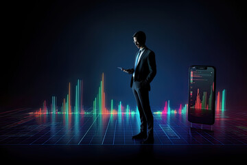 Businessman using smartphone against background of big smartphone screen app and graphs of data on trading on stock exchange displays information in futuristic style - obrazy, fototapety, plakaty