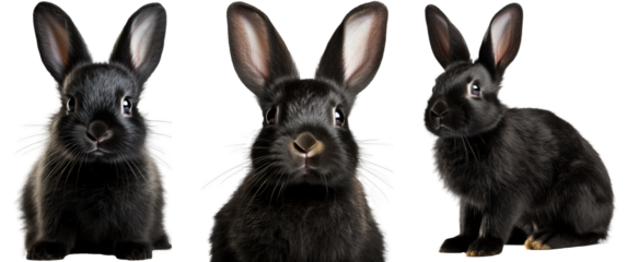 Collection of three black rabbits (portrait, sitting, side view), animal bundle isolated on a white background as transparent PNG