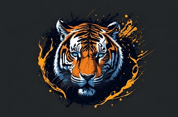 a stunning image of a tiger’s head and orange and blue flames