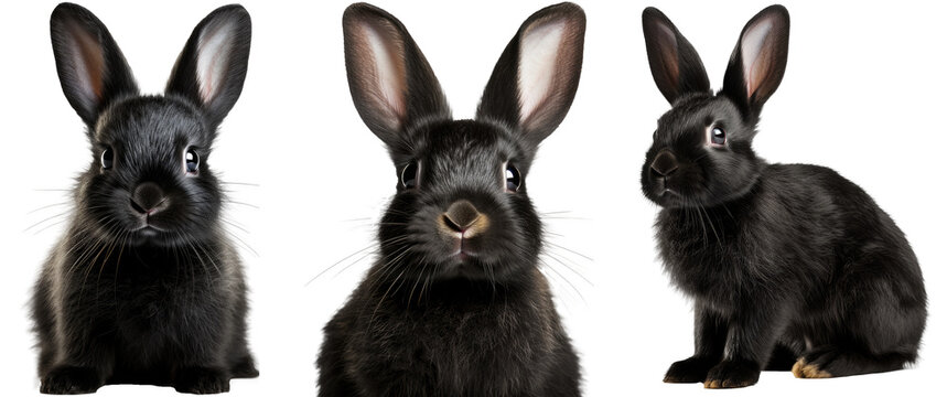 Collection of three black rabbits (portrait, sitting, side view), animal bundle isolated on a white background as transparent PNG