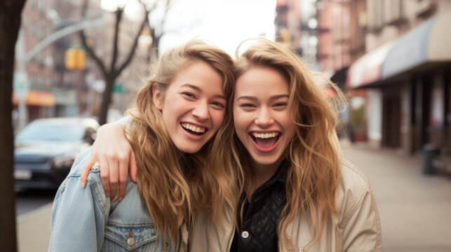 Fashionable and beautiful female twins posing near stylish restaurant outdoors. Two women wearing stylish looks, smiling at camera. - Powered by Adobe