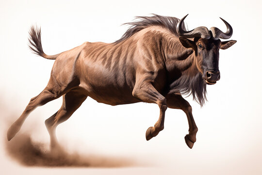 Wildebeest isolated on a white background jumping. Animal right side view portrait.