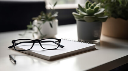 Blank notepad, laptop, glasses, coffee cup and plant on white office. Copy space for your text.