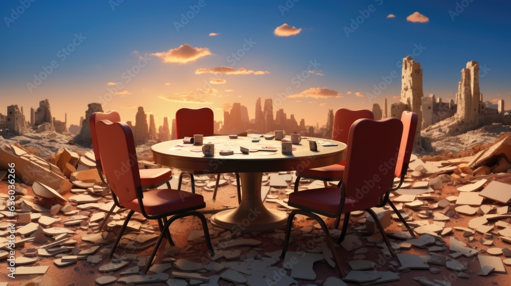 Aufkleber a table and chairs in a desert with a city in the background. generative ai image.