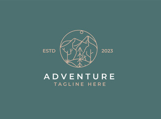 Illustration Sun, Mountain and Hill Abstract Panorama Vintage Logo Badge.