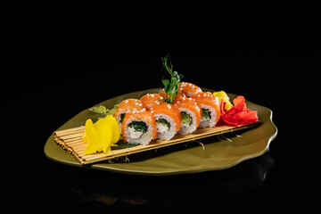 Philadelphia classic with salmon with lightly salted salmon, cream cheese, cucumber decorated with microgreens, which is on a board made of wooden sticks, also yellow and red ginger, wasabi