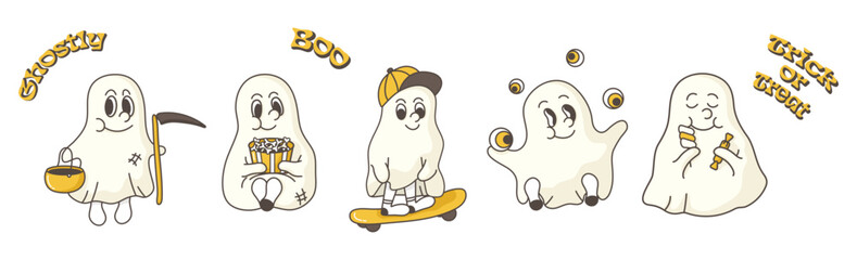 Funny ghost characters. Characters for Halloween. Retro cartoon style illustration.