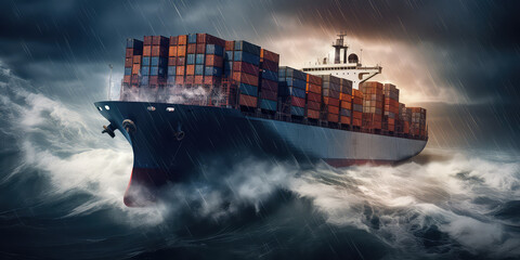 Container ship going through the storm. Horizontal wallpaper with big cargo freighter in the sea have problems. 