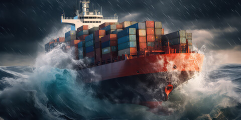 Container ship going through the storm. Horizontal wallpaper with big cargo freighter in the sea have problems. 