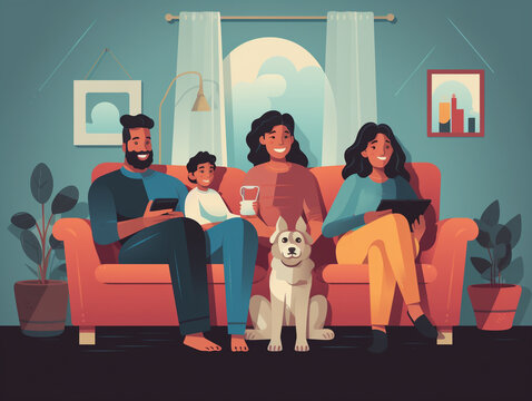 A Family Sitting Together on a Comfortable Couch Streaming a Movie on a Large TV