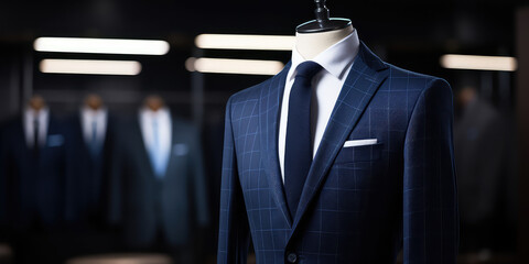 Men shirt in form of suits in dark navy blue colors on mannequin in tailoring room. Luxury banner for an expensive men's clothing and office suits store. 
