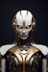 A robot portrait on dark background. Artificial intelligence concept.