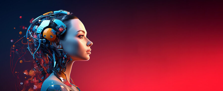 A robot portrait on red banner background. Artificial intelligence concept. AI Generated.