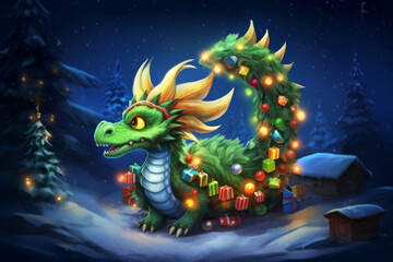 Fairytale dragon in postcard style. Merry christmas and happy new year concept