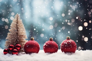 Naklejka na ściany i meble Christmas balls on a winter background. Merry christmas and happy new year concept